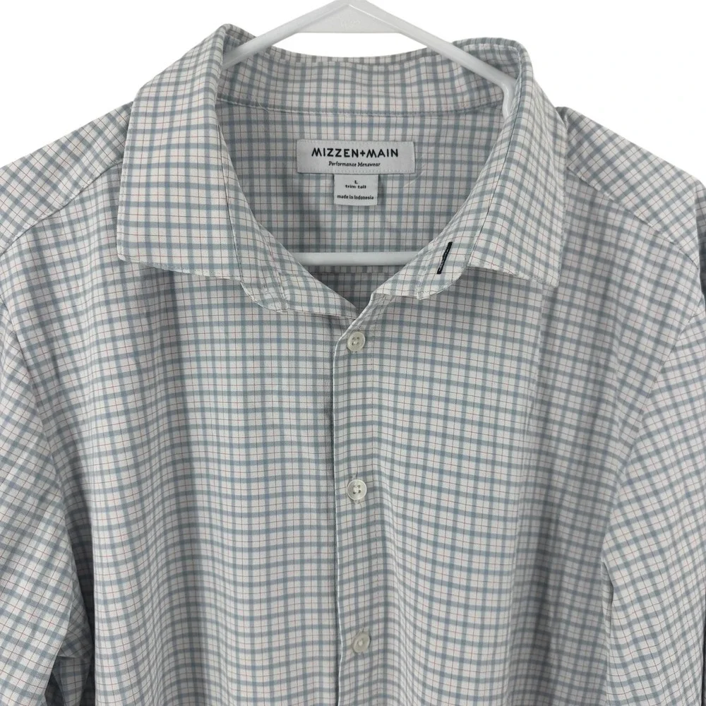 Mizzen+Main Mens‎ Trim Tall Performance Dress Shirt Blue White Check Size L